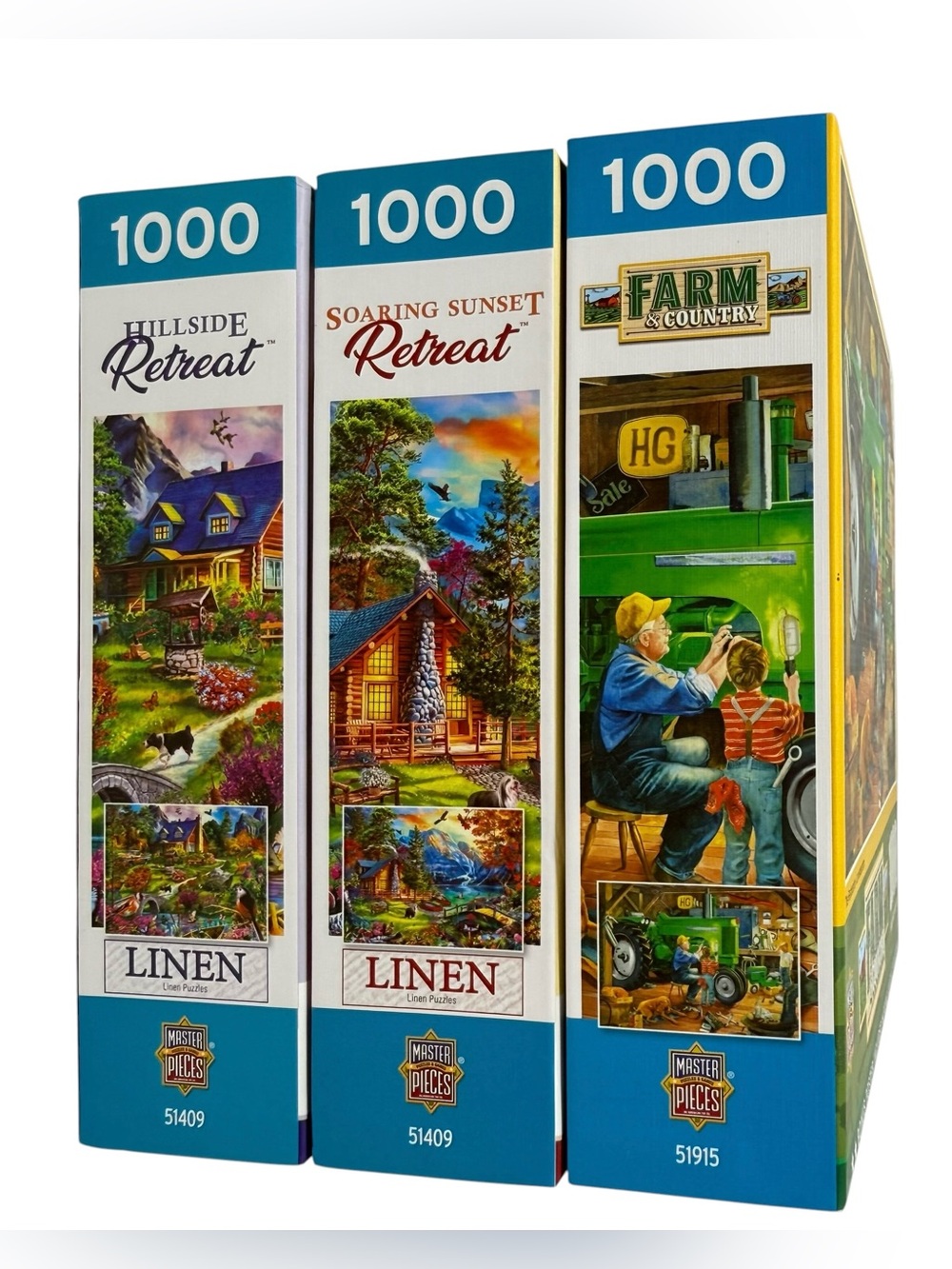 MasterPieces Lot of 3 Jigsaw Puzzles 1000 Piece Linen Collection Retreats & Farm